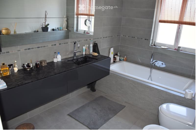 Modern bathroom with grey tiles, a black countertop sink, a bathtub, a toilet, and various toiletries. Features include a large mirror, a plant, and decorative items on the windowsill.