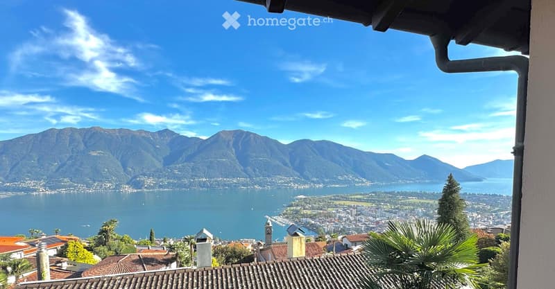 Panoramic view from a balcony showing a lake, mountains, and town below.