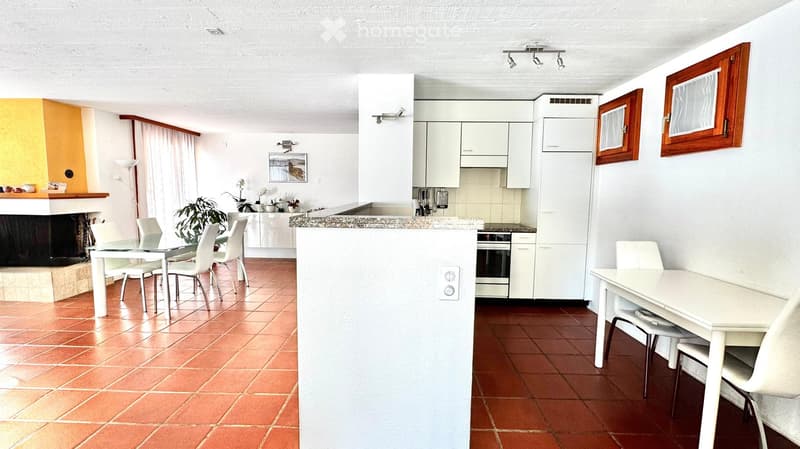 Open-plan living and dining area with a fireplace, dining table, kitchen, and modern appliances.