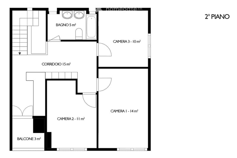 Floor plan of the second floor showing three bedrooms, a bathroom, a corridor, and a balcony.