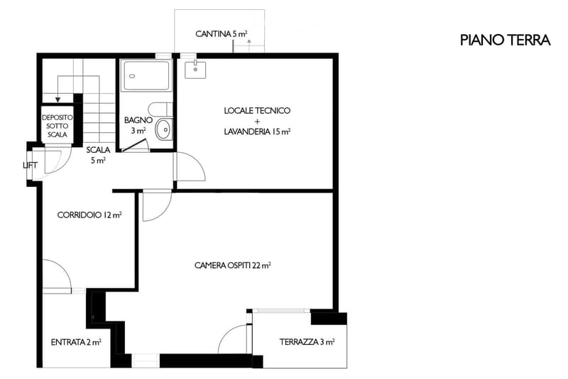 Ground floor layout includes entrance, corridor, guest room, technical room, laundry, bathroom, storage, staircase, lift, and terrace.