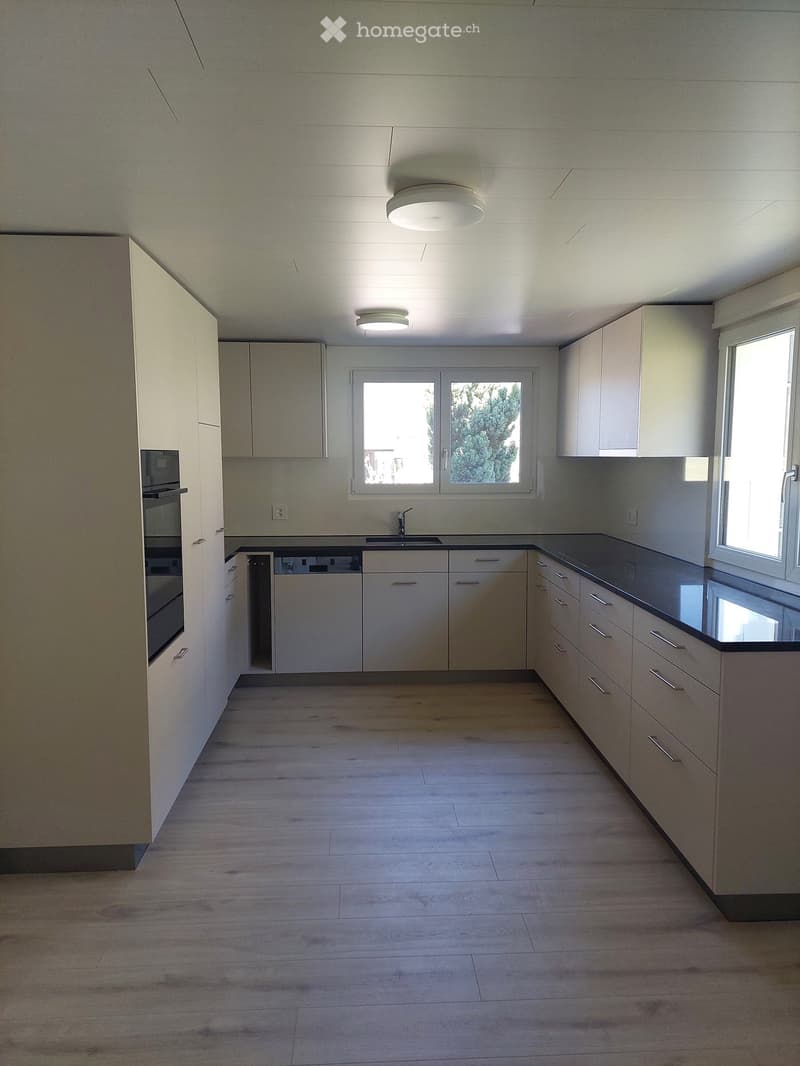 Empty kitchen with light-colored cabinets, wooden flooring, and large windows allowing natural light. No appliances or furniture are present.