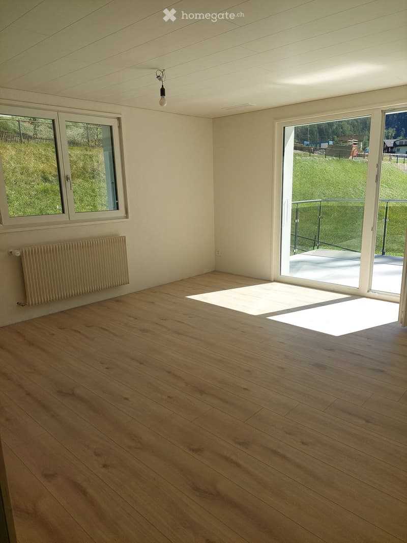 Empty room with wooden flooring, white walls, large windows, and a radiator on one wall. Natural light streams in from the windows and a sliding glass door leading to a balcony.