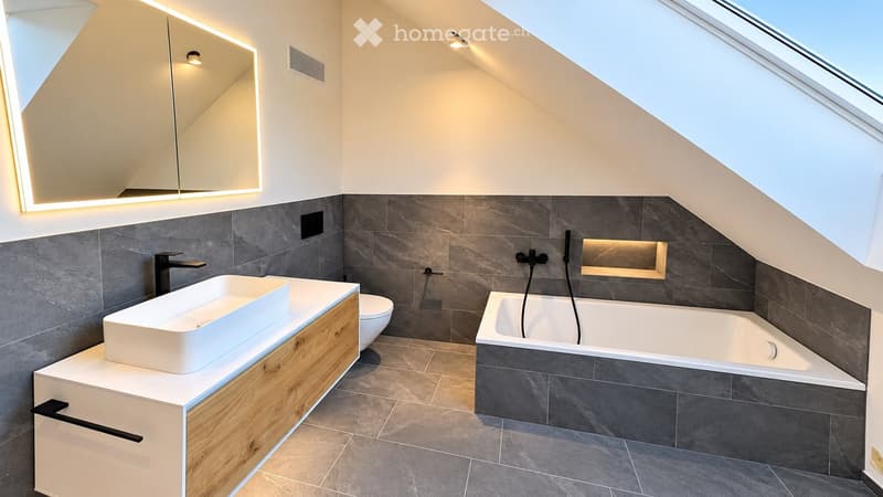 Modern bathroom with a white sink, dark grey tiles, a bathtub, and a toilet. Features include built-in lighting, a large mirror, and a skylight window.