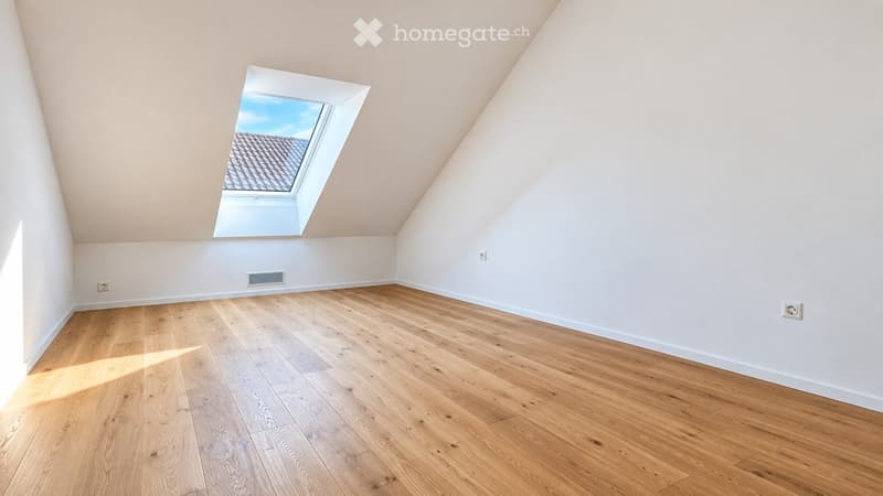 Empty attic room with wooden flooring, white walls, and a skylight window allowing natural light to enter.