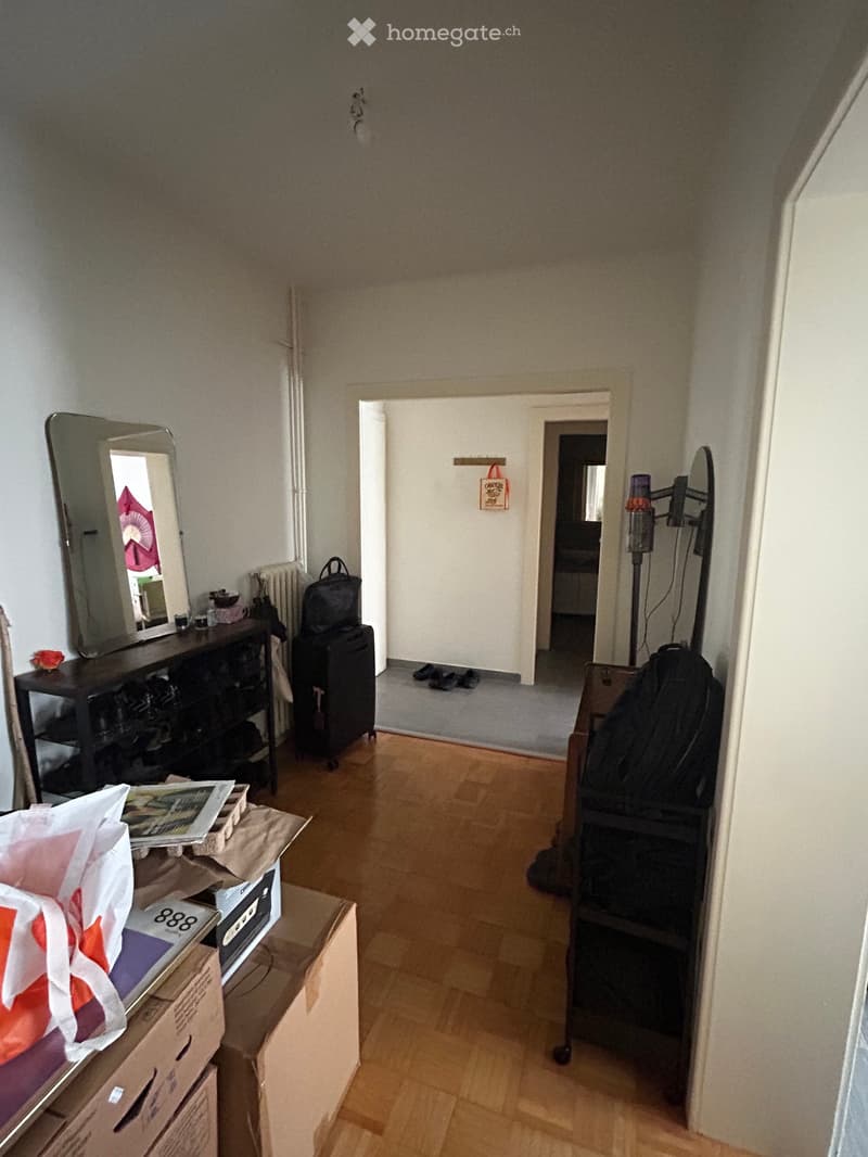 A narrow hallway with wooden flooring, leading to an open doorway. Visible items include a shoe rack, a mirror, a suitcase, and some boxes stacked on the floor.