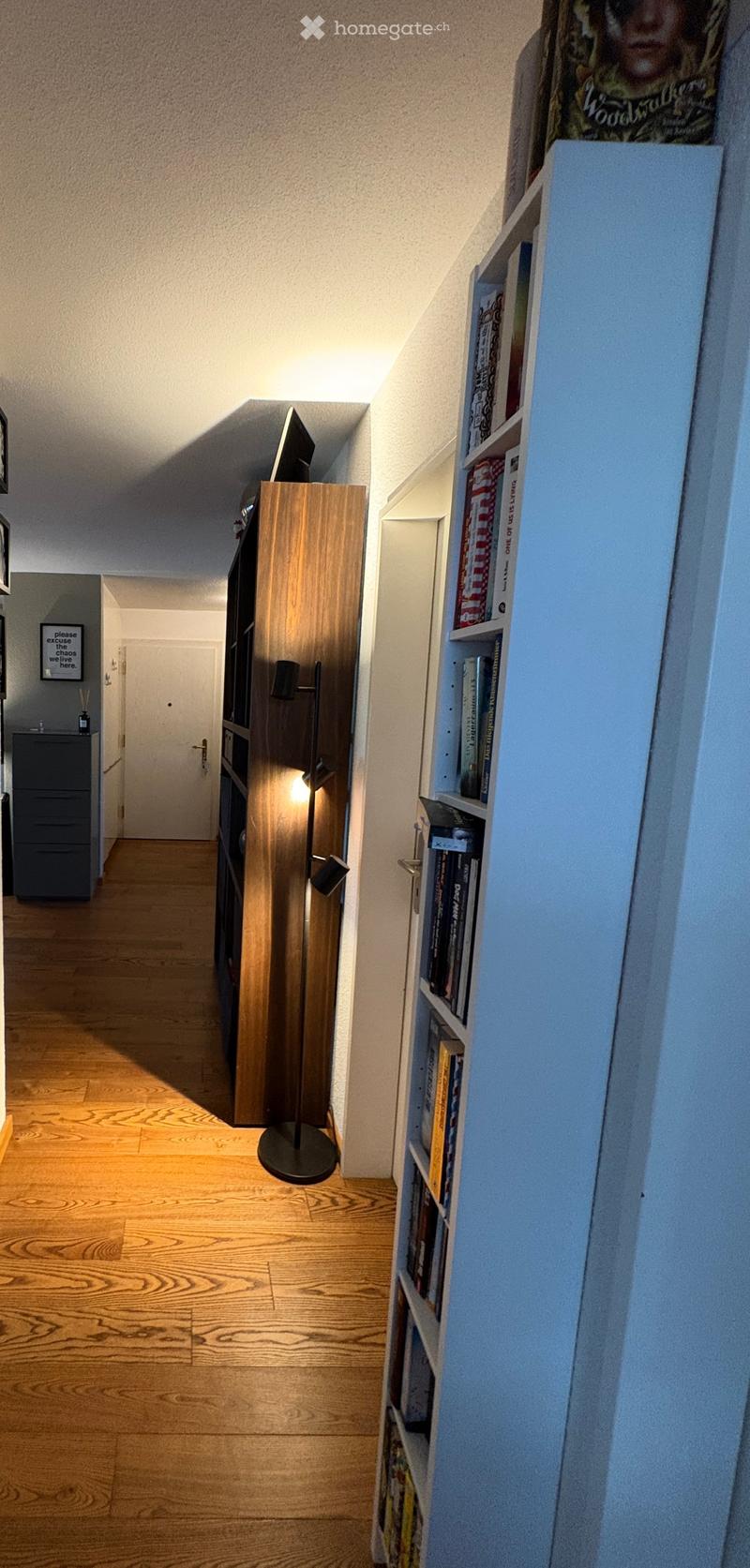 A narrow hallway with wooden flooring, white walls, and a slanted ceiling. A floor lamp is positioned near a wooden cabinet, and a bookshelf filled with books is visible on the right side.