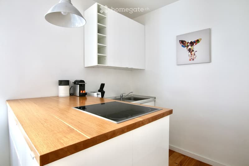 Modern kitchen with white cabinets, wooden countertop, induction stove, coffee maker, and a colorful dog artwork on the wall.