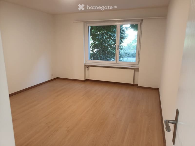 Empty room with wooden flooring, white walls, and a large window with a view of greenery. A radiator is visible below the window.