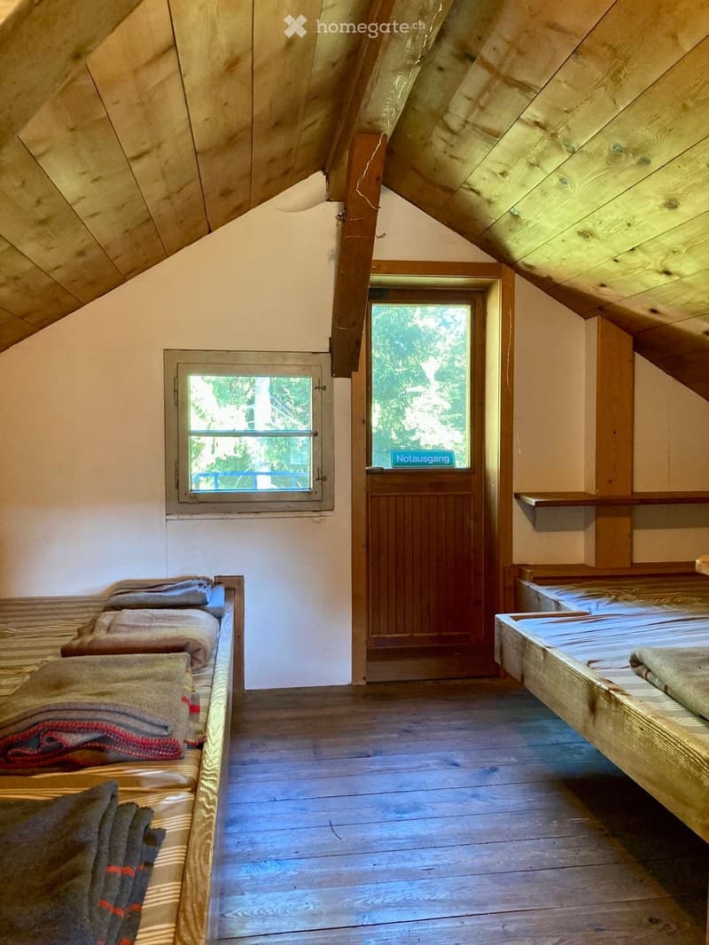 Cozy attic bedroom with wooden slanted ceilings, wooden floor, two single beds with blankets, and two windows offering a view of greenery.