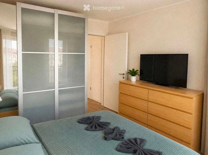 A modern bedroom with a neatly made bed, a wooden nightstand with a television and a small plant, and a large sliding wardrobe with mirrored doors.