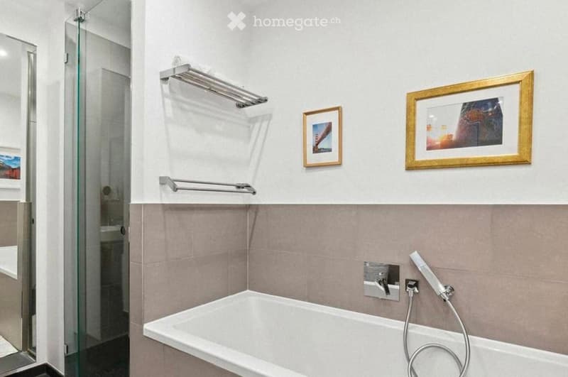 Modern bathroom with a bathtub, glass-enclosed shower, towel rack, and two framed pictures on the wall.