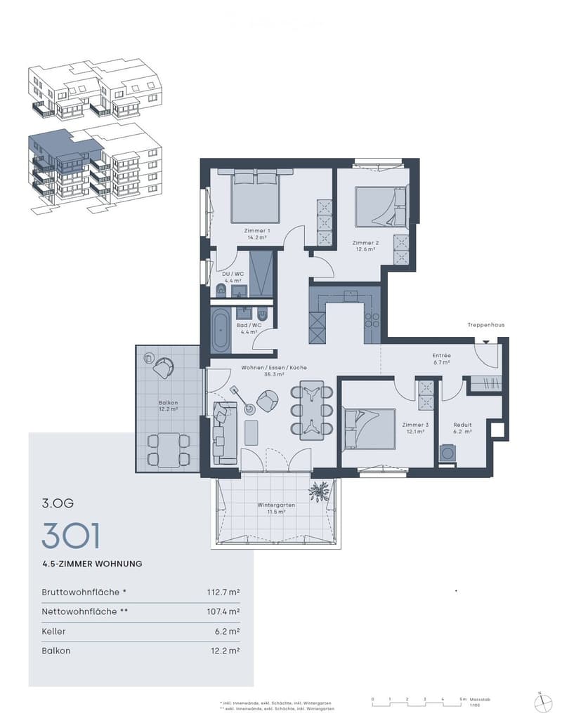 Floor plan of a 4.5-room apartment on the 3rd floor, including living/dining/kitchen area, three bedrooms, bathroom, entrance, and balcony.