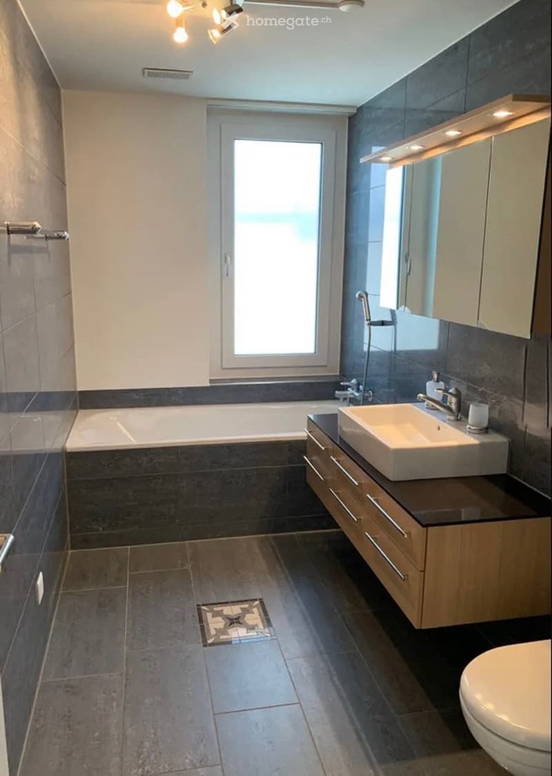 Modern bathroom with dark tiled walls and floor, a bathtub, a sink with a wooden cabinet, and a toilet. Features include a large window, built-in lighting, and a stylish mirror cabinet.