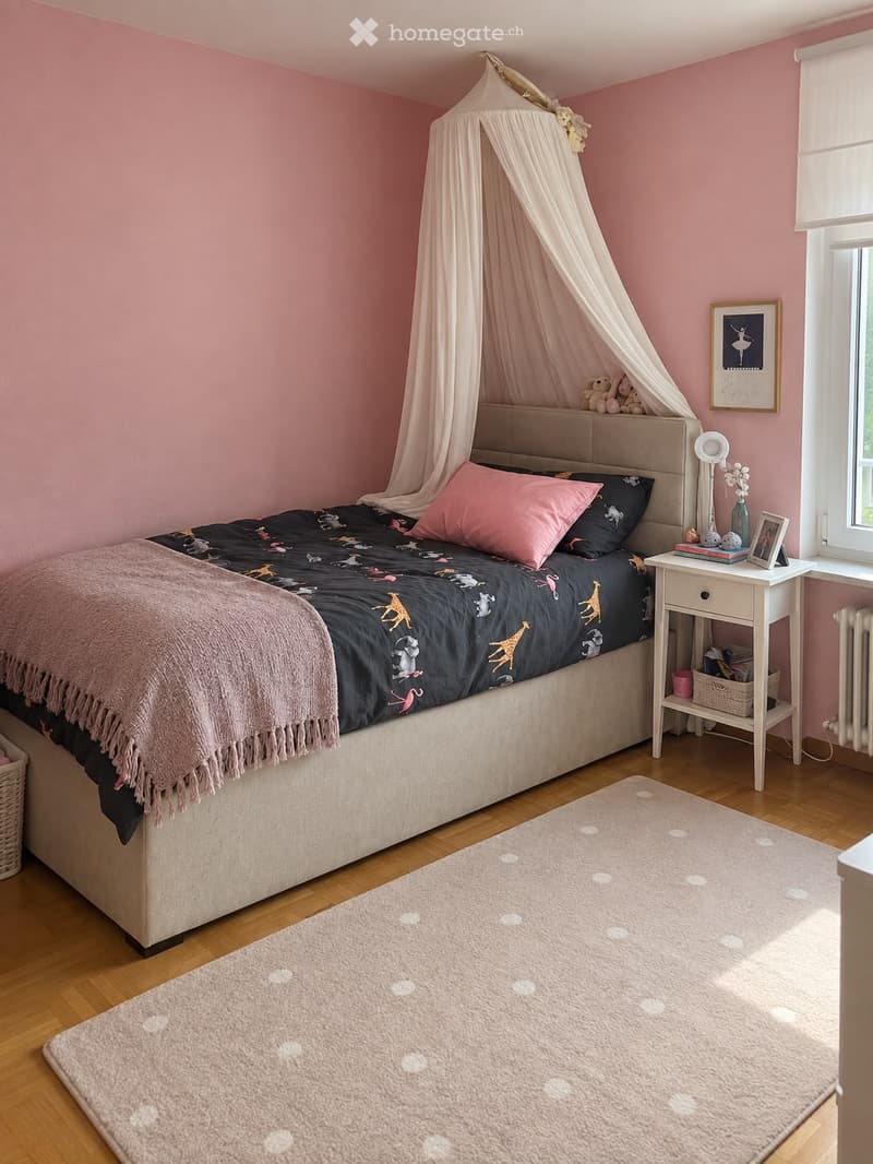 A cozy bedroom with pink walls, a large bed with a canopy, a nightstand with a lamp, and a framed picture on the wall.