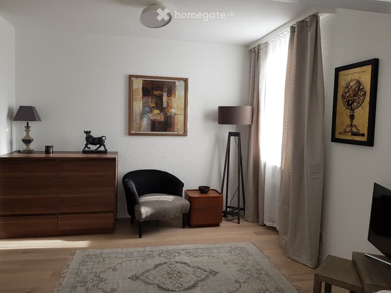 A modern, well-lit room with wooden flooring, a patterned rug, a wooden cabinet, a small armchair, a side table, two lamps, and two framed pictures on the wall.