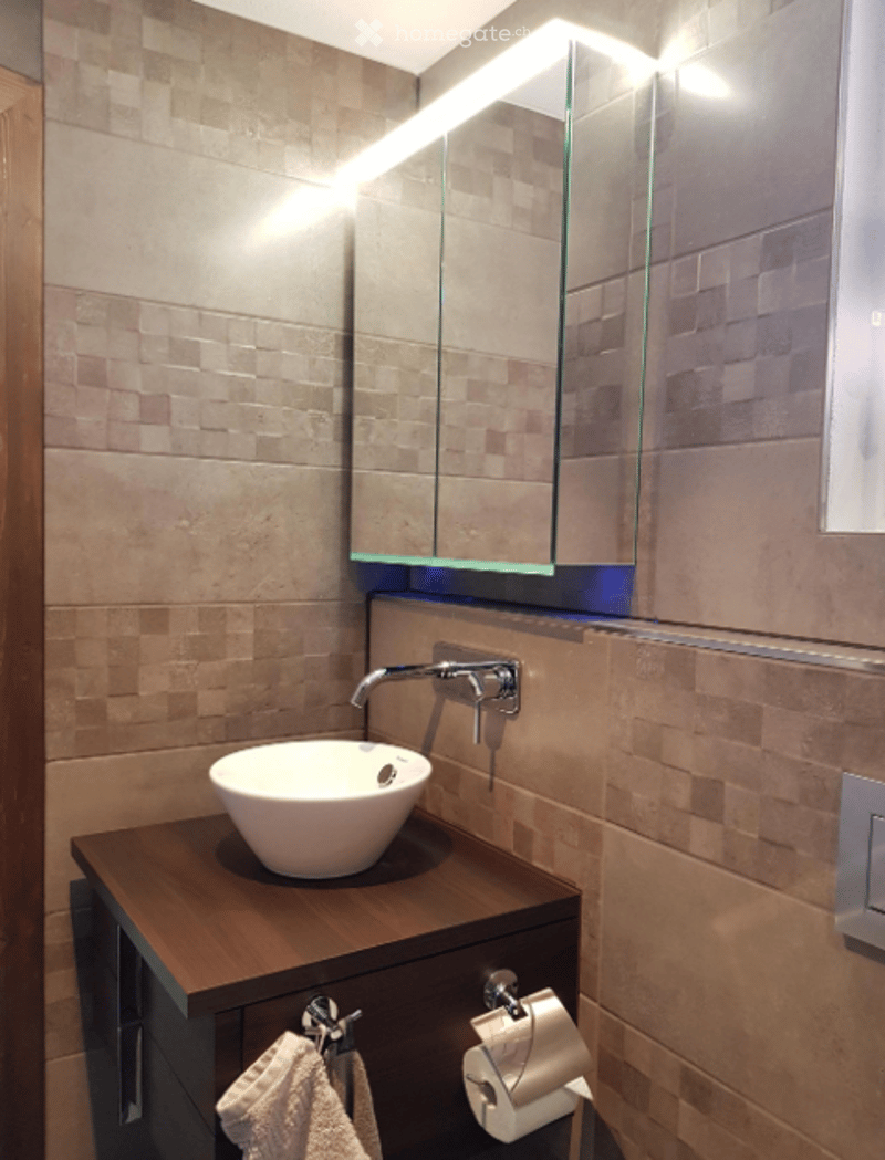 Modern bathroom with a white sink on a dark wooden vanity, a large mirrored cabinet with LED lighting, and a towel hanging on a rack.