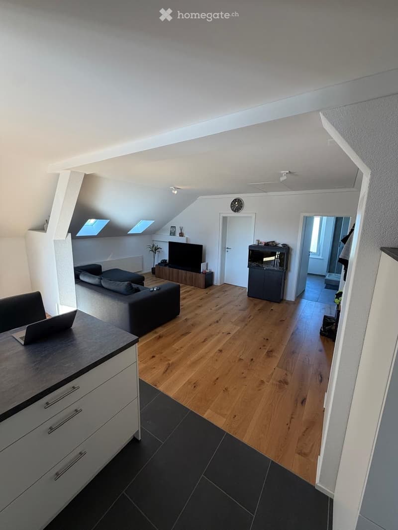 Modern living room with wooden flooring, a grey sofa, a laptop on a desk, a television, a fireplace, and a small plant. The room features large windows and a skylight, with a hallway leading to another room.