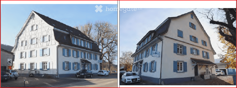 Two images of a traditional European building with white walls, blue shutters, and a dark roof. The building has multiple windows and a central entrance. There are several parked cars in front of the building, and the surrounding area includes trees and a