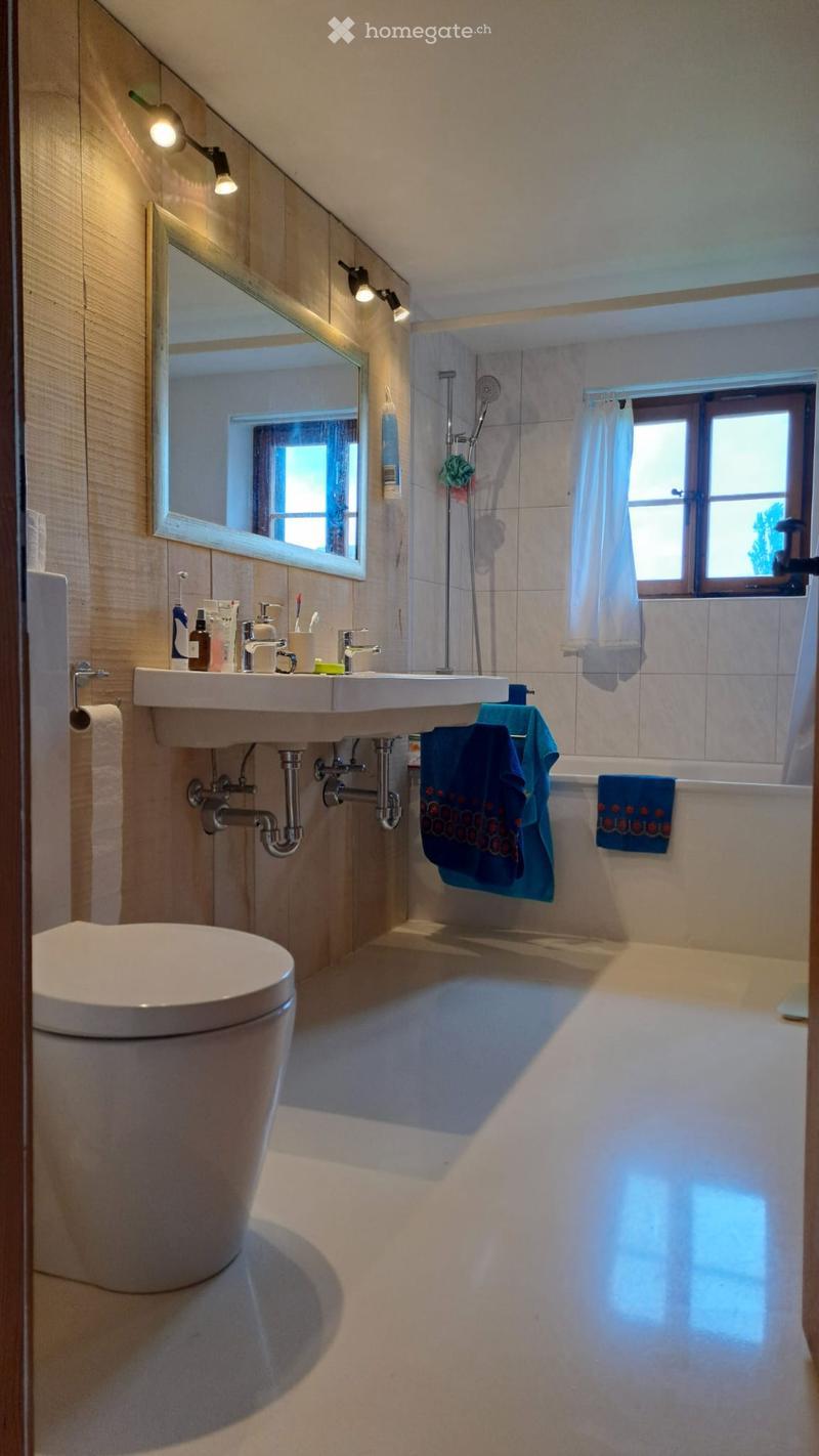 Modern bathroom with a toilet, double sink, bathtub, and large mirror. Features tiled walls, wooden accents, and a window with a curtain.