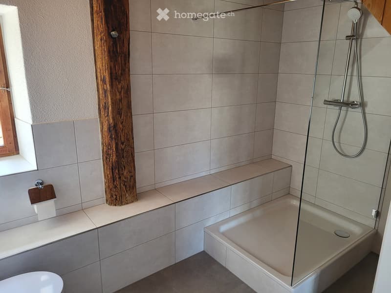 Modern bathroom with a bathtub, glass-enclosed shower, and toilet. Features tiled walls and a wooden beam accent.