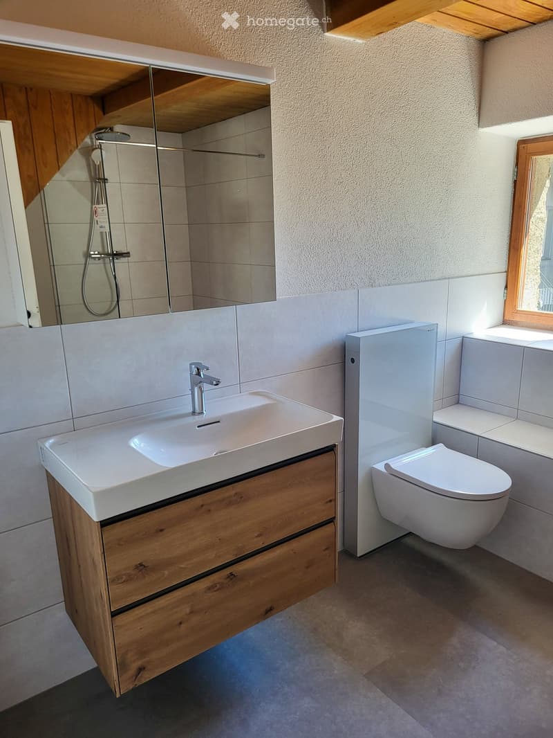 Modern bathroom with a white sink, wooden cabinet, toilet, mirror, and shower. Light-colored tiles and a window provide natural light.