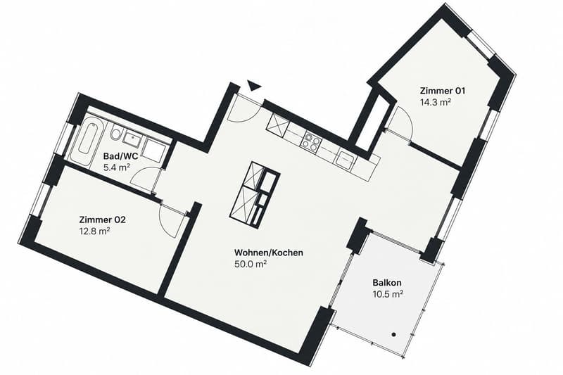 Floor plan showing a living/kitchen area, two bedrooms, a bathroom, and a balcony.