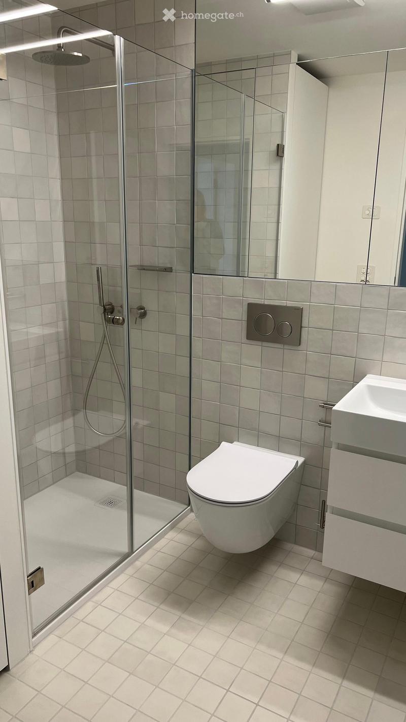 Modern bathroom with a glass-enclosed shower, toilet, sink, and tiled walls and floor.