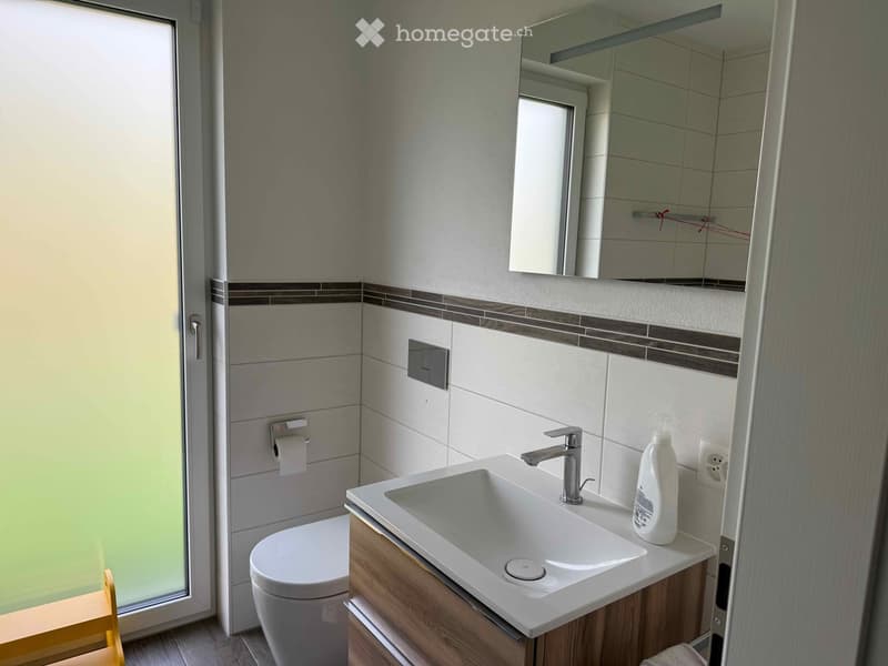 Modern bathroom with white tiles, a wooden vanity, a sink, a toilet, and a mirror above the sink.
