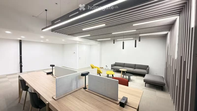 Wooden long desk, chairs, cubicles, couch, stools, tables