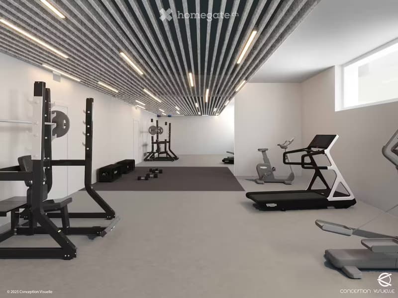 gymnasium with treadmill, free weights, elliptical, wall mounted mirror