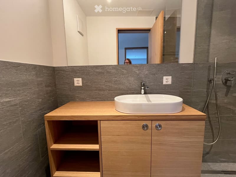 Modern bathroom with a wooden vanity, white sink, and dark tiled walls. A glass-enclosed shower is visible in the background.