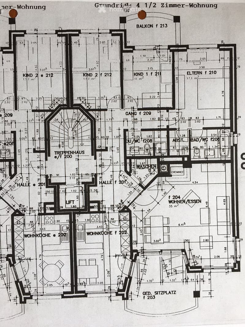 Floor plan of a 4 1/2 room apartment, including living room, kitchen, 2 bedrooms, 2 bathrooms, balcony, hallway, staircase, and entrance.