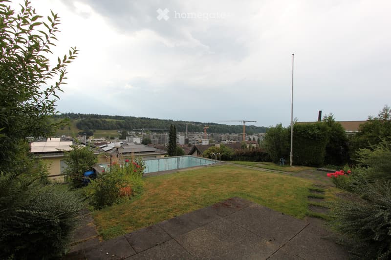 A rooftop garden with a swimming pool, surrounded by greenery and a view of a cityscape with buildings and construction cranes.