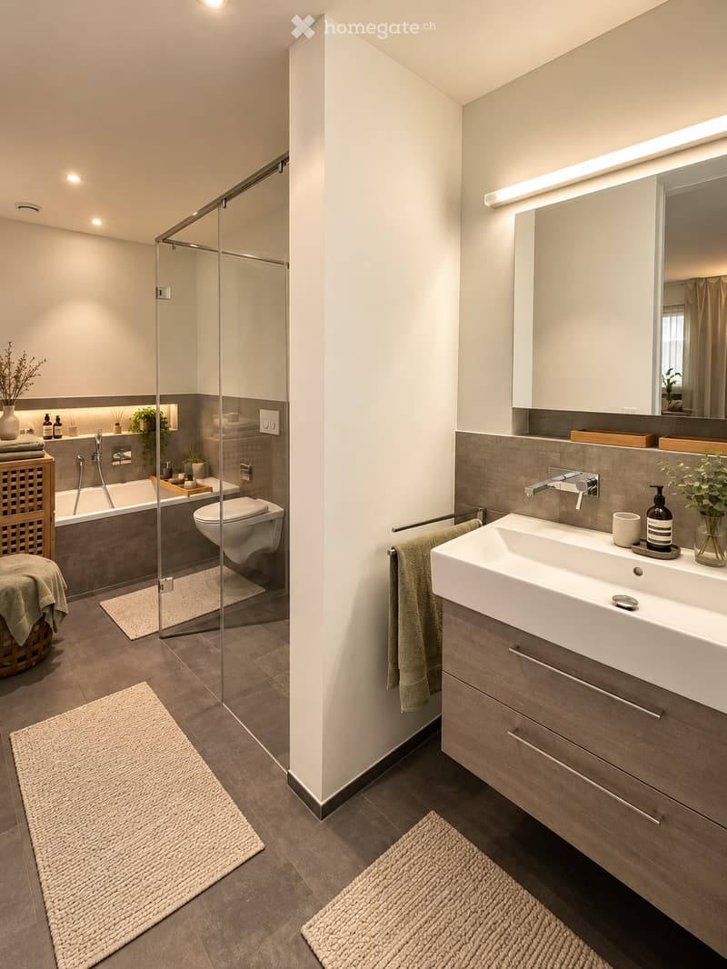 Modern bathroom with a white sink, mirror, and towel, a glass-enclosed shower area with a bathtub and toilet, and decorative plants and vases.