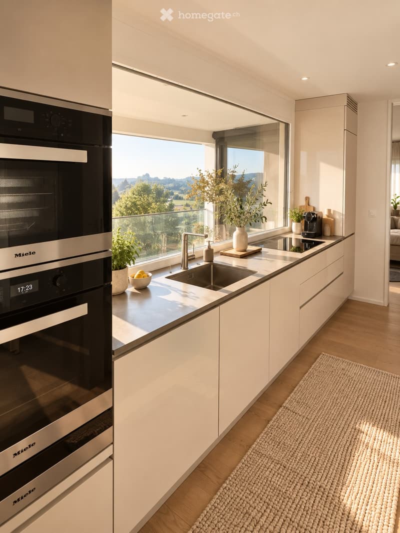 Modern kitchen with white cabinets, stainless steel oven, sink, and countertop. Features a large window with a scenic view, potted plants, and a woven rug on the floor.