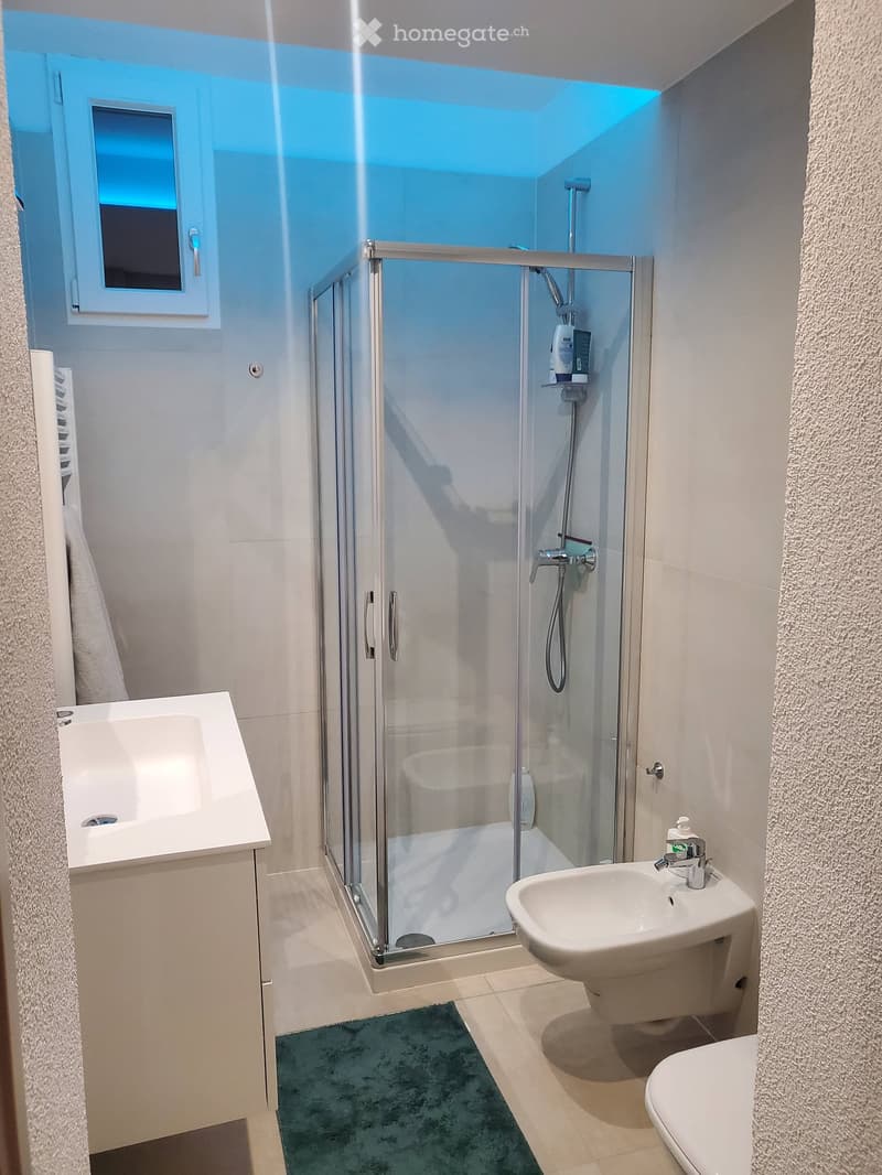 Modern bathroom with a glass-enclosed shower, a sink, a toilet, and a mirror. The space features light-colored tiles and a small window.