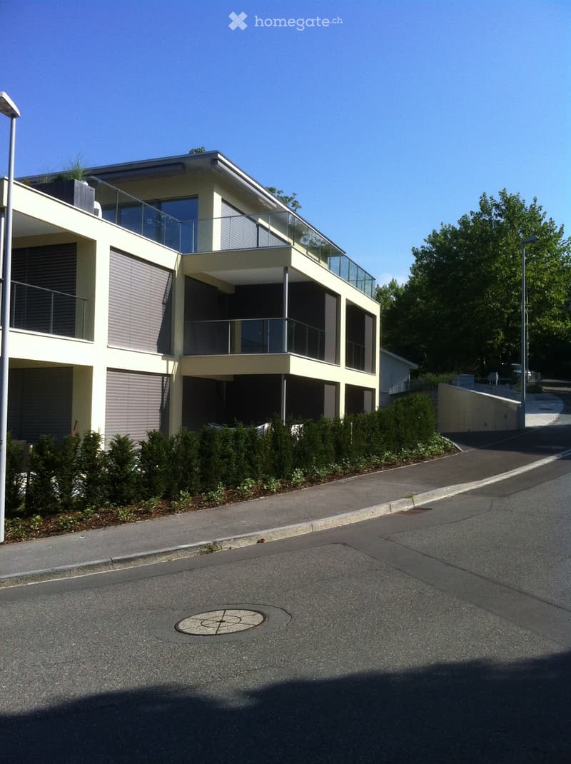 Modern two-story house with large windows, balconies, and a landscaped front yard.