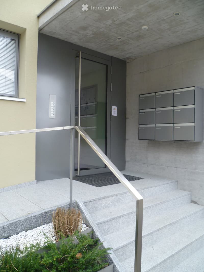 Modern building entrance with concrete steps, metal railing, mailboxes, and small garden area with plants and rocks.