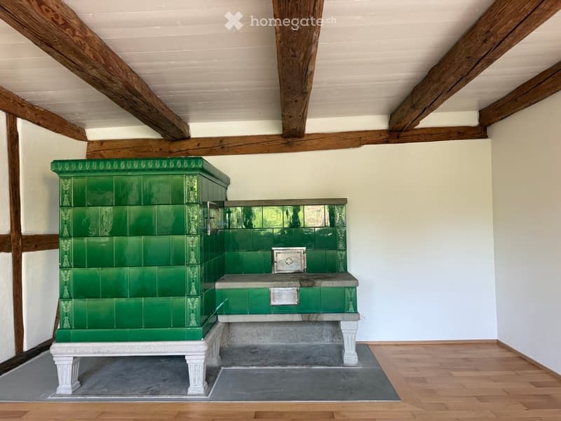 Empty room with exposed wooden beams on the ceiling, wooden floor, and a green tiled stove with decorative carvings.