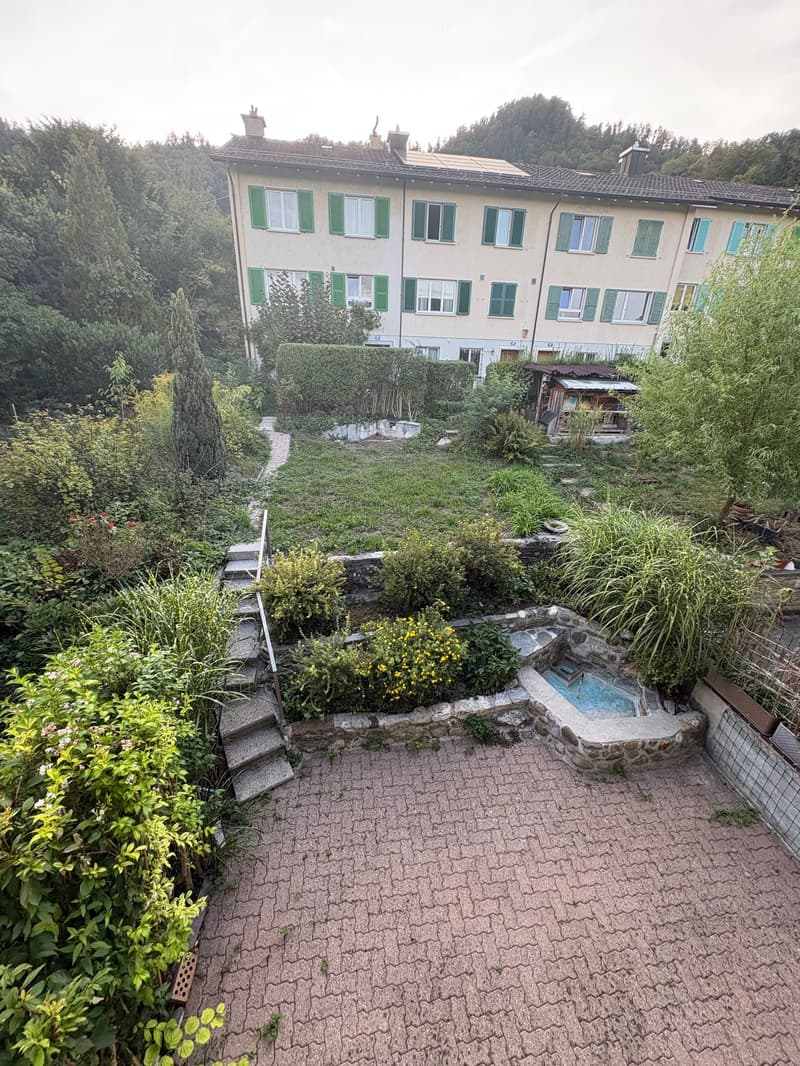 Garden area with a small swimming pool, surrounded by greenery, stone steps, and a paved pathway leading to the house.