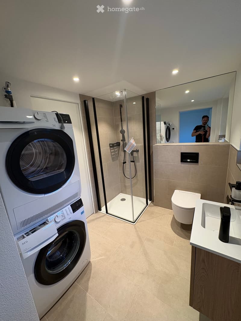 Modern bathroom with a glass-enclosed shower, toilet, sink, and a private washing machine.