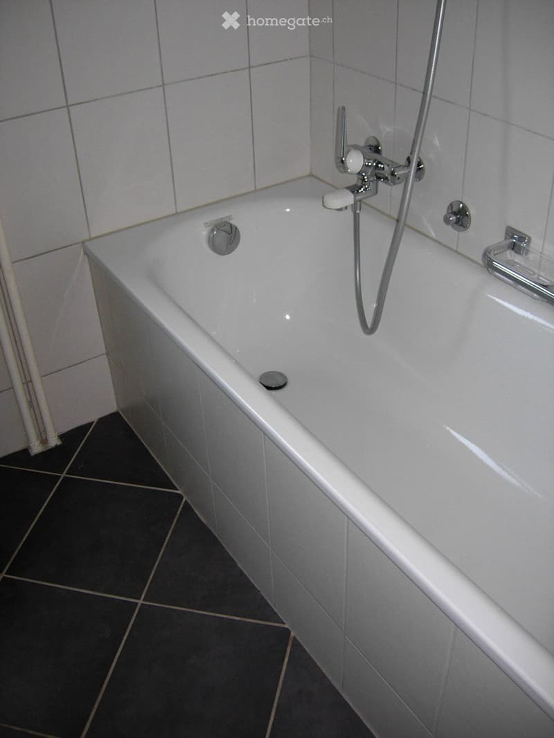 Modern bathroom with a white bathtub, chrome faucet, and shower hose. The walls are tiled in light gray, and the floor is covered with dark gray tiles.