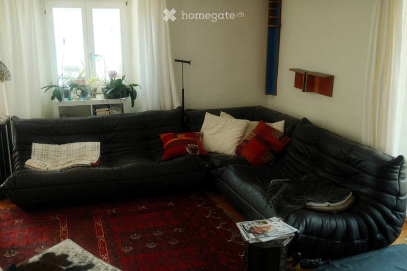 A cozy living room with a black leather sectional sofa, colorful pillows, a coffee table with magazines, a floor lamp, and a small table with plants and books.