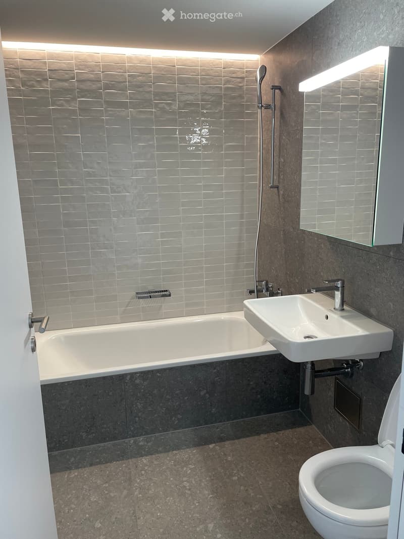Modern bathroom with a bathtub, sink, toilet, and showerhead. Features grey tiled walls and a dark tiled lower section.