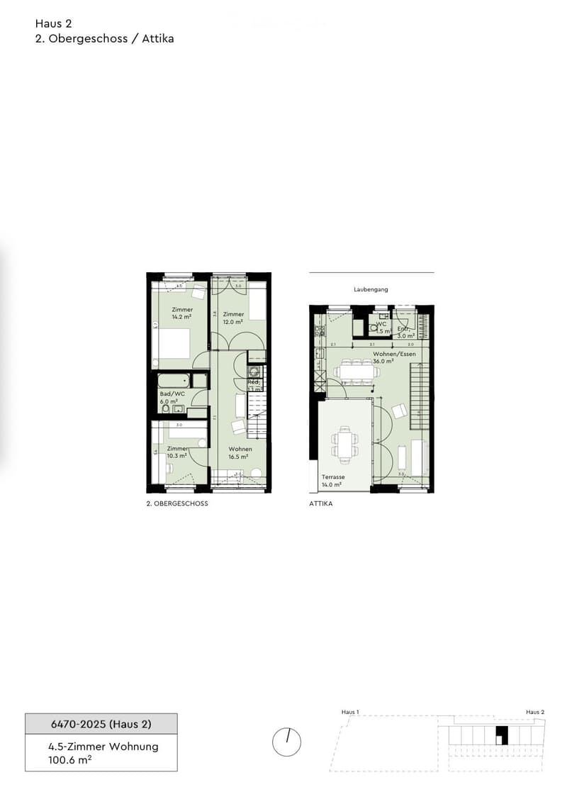 Floor plan of a 4.5-room apartment on the second floor and attic, including living/dining area, bedrooms, bathroom, and terrace.