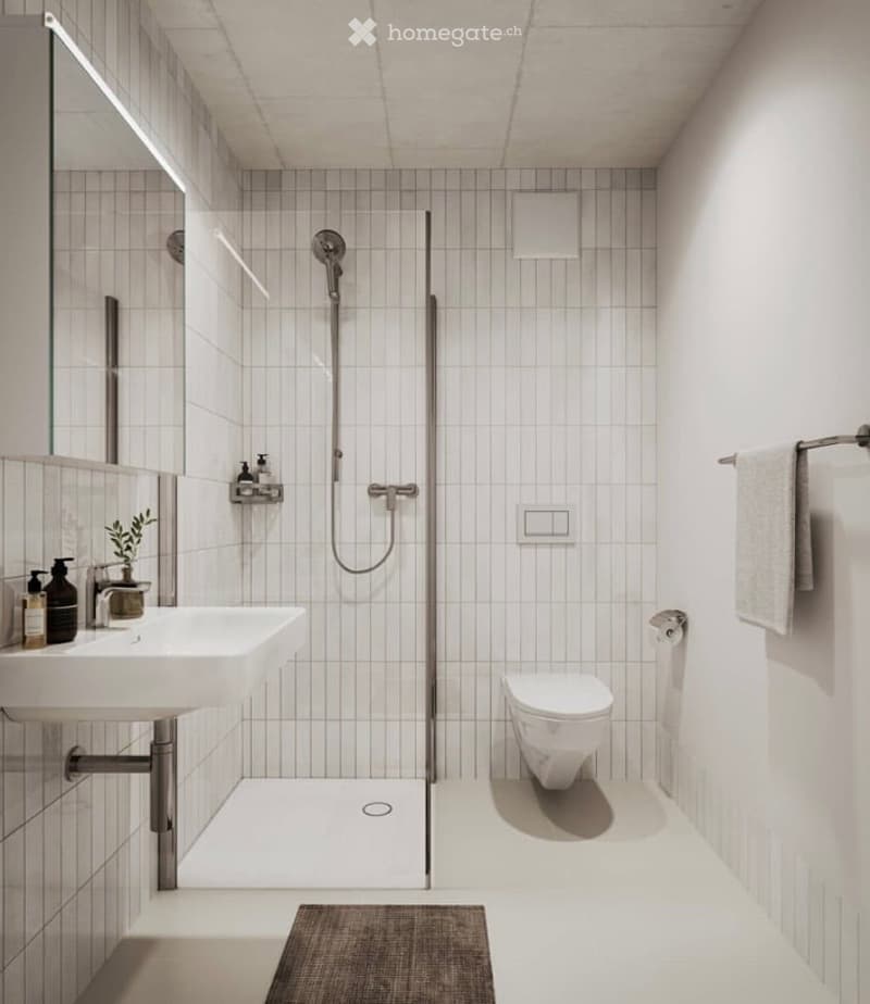 Modern, minimalist bathroom with white tiles, a corner shower, a sink with a mirror, a toilet, and a small plant on the sink counter.