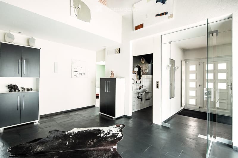 minimalist room, gray cabinets, glass sliding door, black tiles, animal rug, modern art on wall