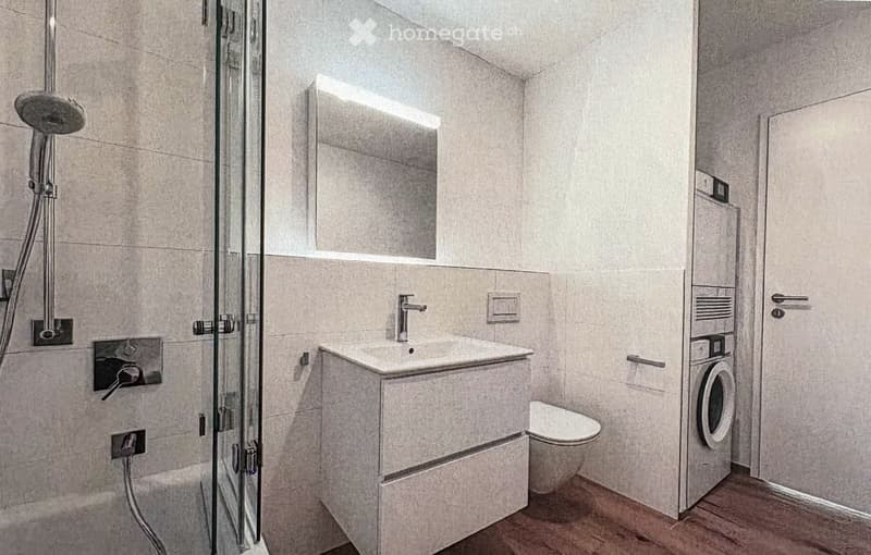 Modern bathroom with a glass-enclosed shower, a sink with a modern faucet, a toilet, and a built-in washing machine. The walls are tiled in a light, neutral color, and the floor is wooden.
