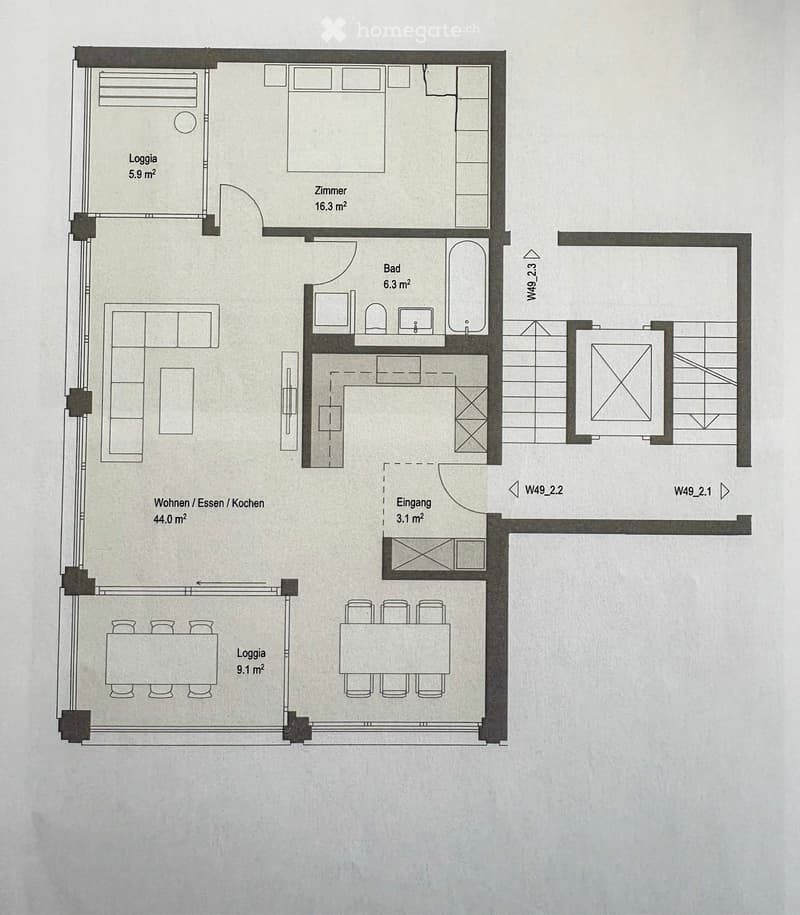 Floor plan showing a living/dining/kitchen area (44.0 m²), bedroom (16.3 m²), bathroom (6.3 m²), two loggias (5.9 m² and 9.1 m²), and entrance (3.1 m²).